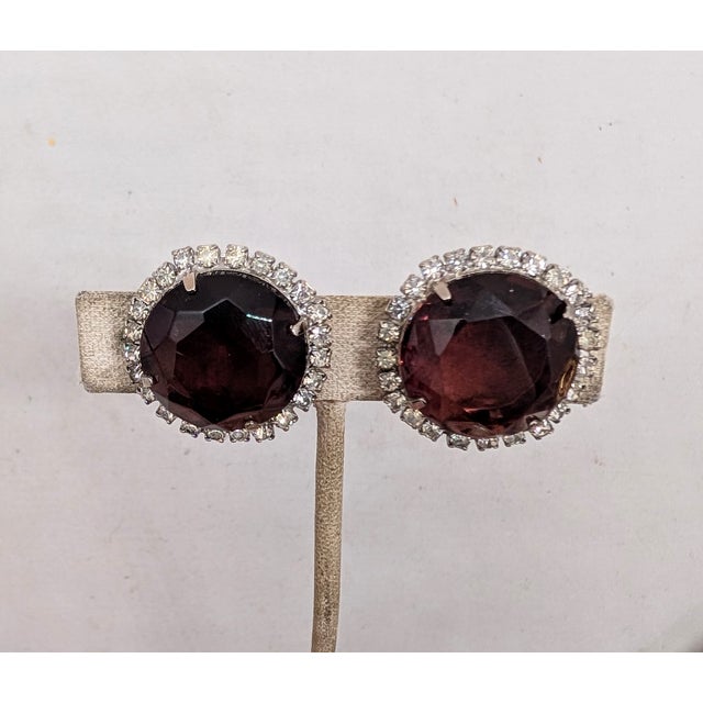 1960s Vintage 1960s Signed Castlecliff Faux-Amethyst & Clear Rhinestone Clip Earrings-2 Pieces For Sale - Image 5 of 7