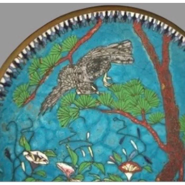 Antique Japanese Meiji Cloisonné Enameled Plate With Flowers & Bird, Circa 1920 For Sale - Image 12 of 12