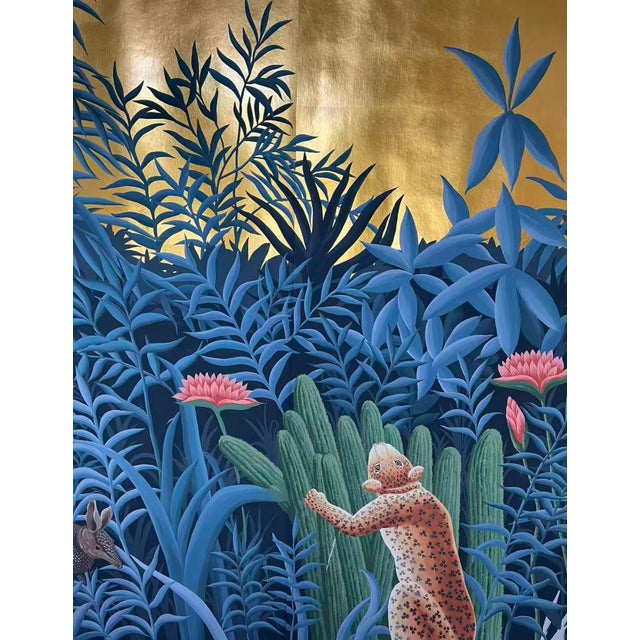 Post Impressionist 36" * H96" * 2ps, Hand-Painted Vintage Jaguar Tropical Jungle Mural, Gilded Tropical Wallpaper, Henri Rousseau Jungle Mural For Sale - Image 3 of 3