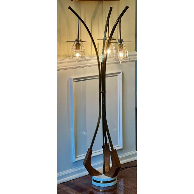 Brass Vintage Danish Modern Organic Form Three-Light Teak and Brass Floor Lamp For Sale - Image 8 of 9