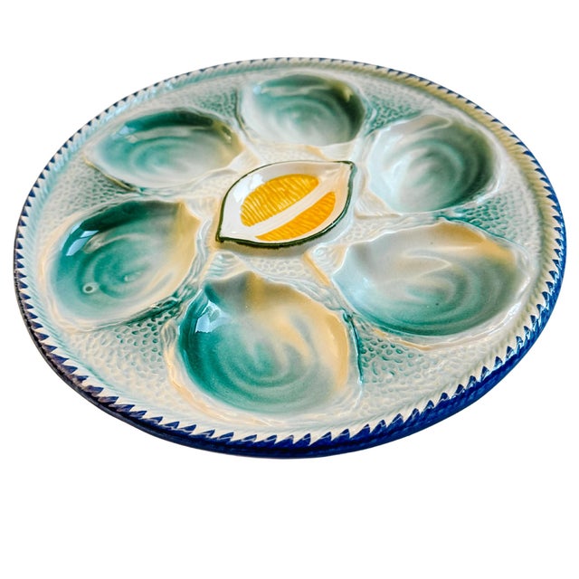 1960s French Saint Clément Majolica Green & Yellow Lemon Wedge Oyster Plate For Sale - Image 4 of 7