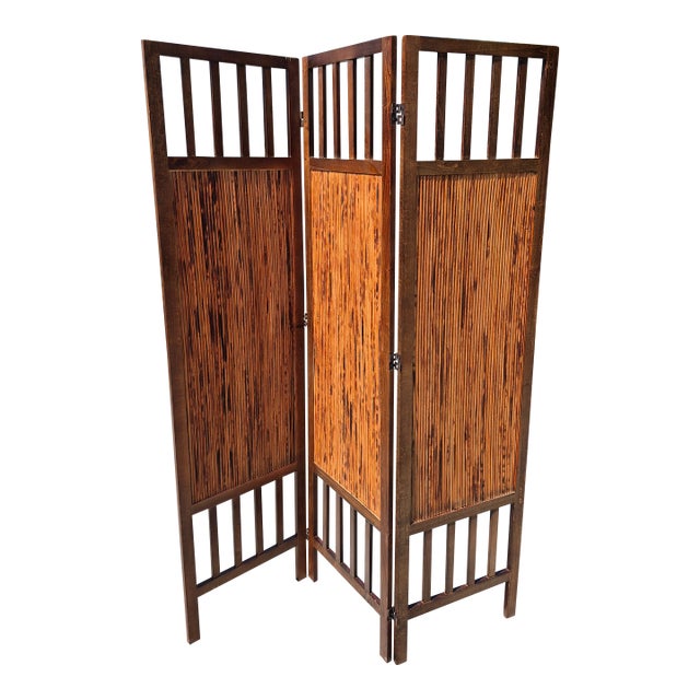 3-Panel Wooden and Pencil-Reed Bamboo Folding Room Divider For Sale