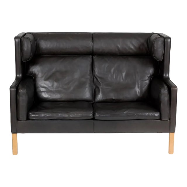 2-Seater Sofa in Black Patinated Leather with Oak Legs by Børge Mogensen for Fredericia For Sale
