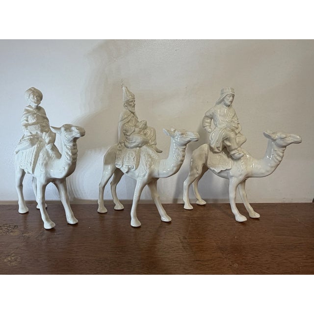 Art Deco Vintage Three Wise Men on Camels Figurines Set of 3 White Ceramic Nativity Magi For Sale - Image 3 of 16