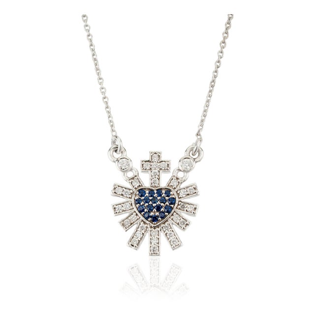 Sacred Heart Blue Sapphire & Diamond Sunburst Pendant Necklace in 14k White Gold For Sale