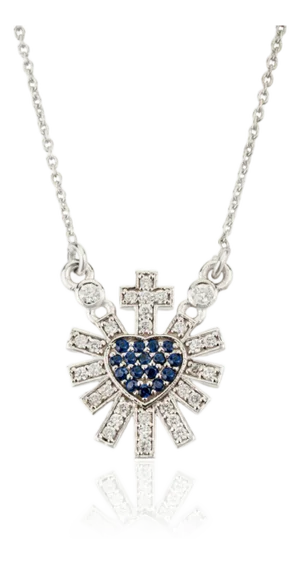 Sacred Heart Blue Sapphire & Diamond Sunburst Pendant Necklace in 14k White Gold