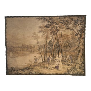 Antique François Boucher Large Wide Country French Tapestry Forest Wagon Boats Castle 1890, Trimmed in Flat Braid For Sale