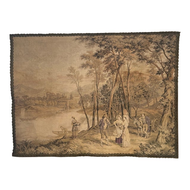 Antique François Boucher Large Wide Country French Tapestry Forest Wagon Boats Castle 1890, Trimmed in Flat Braid For Sale