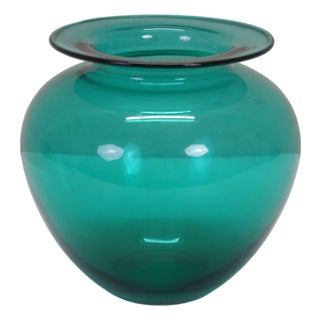 Vintage Hand Blown Teal Green Glass Vase Urn Leech Bowl 6" For Sale