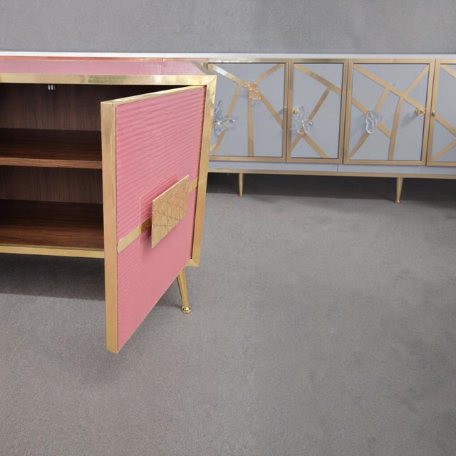 Contemporary Glossy Pink Glass and Brass Sideboard from Justfurnituress SRL For Sale - Image 3 of 13