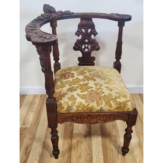 Pair Antique Italian Renaissance Angel & Griffon Carved Walnut Corner Chairs For Sale - Image 9 of 16