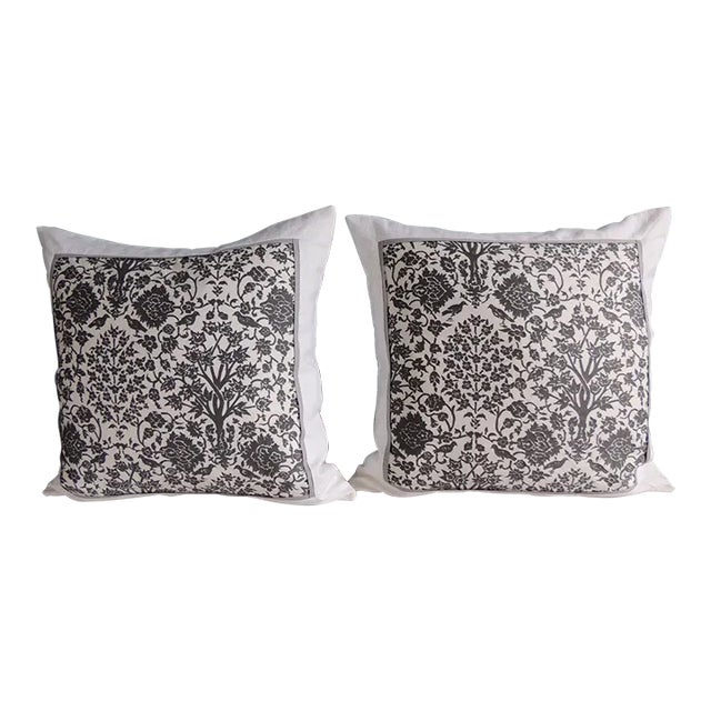 Vintage Fortuny Alderelli Fabric in Midnight and White Decorative Square Pillows - Pair For Sale