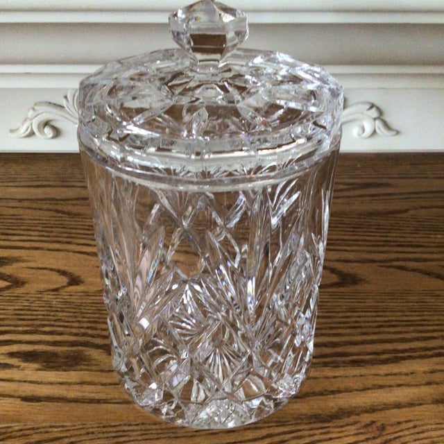 Hollywood Regency Biscuit Jar With Tongs Bohemia Czech Republic Cut Crystal For Sale - Image 3 of 13