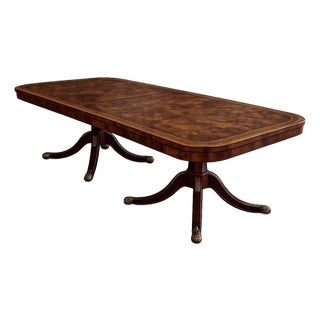 Regency Style Burl Wood Double Pedestal Dining Table With Brass Greek Key Inlay & Two 25” Leaves For Sale
