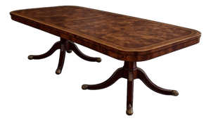 Regency Style Burl Wood Double Pedestal Dining Table With Brass Greek Key Inlay & Two 25” Leaves
