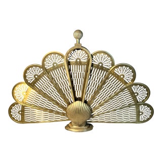Fire Screen Brass Peacock Feathers Scallop Shell Base & Finial 1950s Hollywood Regency Nautical Decor For Sale