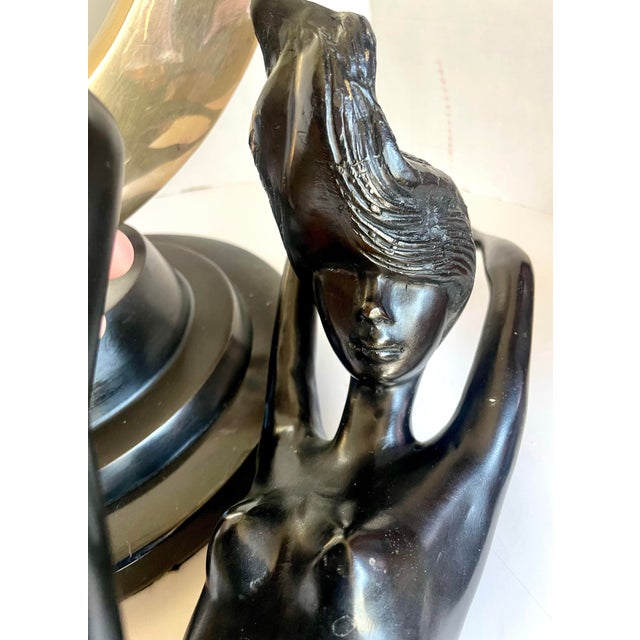 Metal Art Deco Bronze Nude Figure Suspended in Brass Crescent Moon Sculpture on Marble Base For Sale - Image 7 of 12