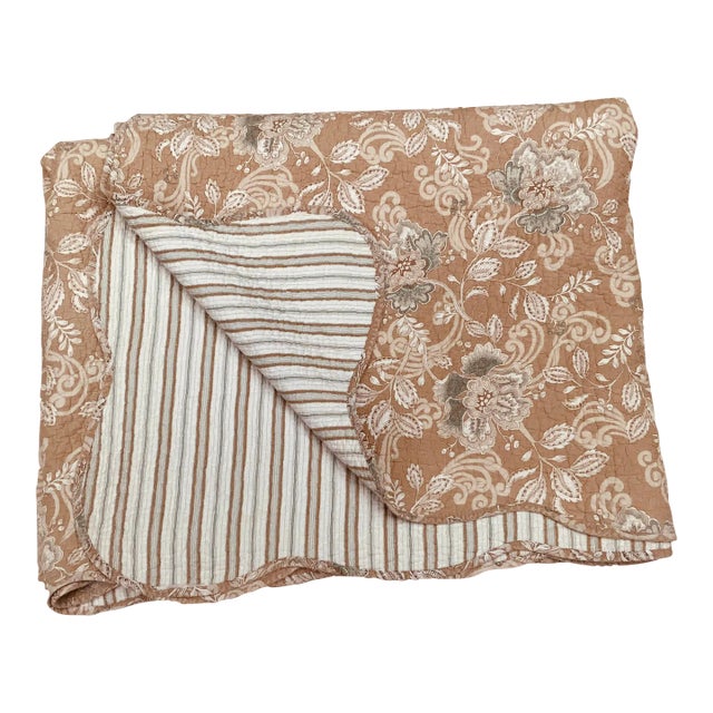 Vintage French Boutis Quilt, Pastel Floral Toile & Stripe, Queen Size For Sale