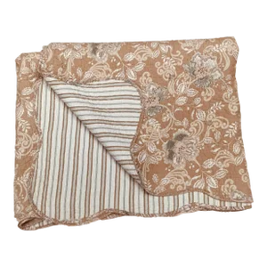 Vintage French Boutis Quilt, Pastel Floral Toile & Stripe, Queen Size