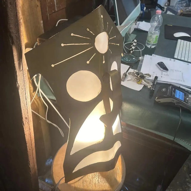 1980s Modernist Brass and White Plexiglass Tribal Mask Wall Light For Sale - Image 12 of 12