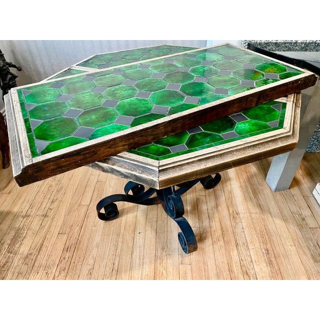 Spectacular mid-century brutalist tile top with vivacious, emerald green octagonal and slate tile top. Solid oak ceruse...