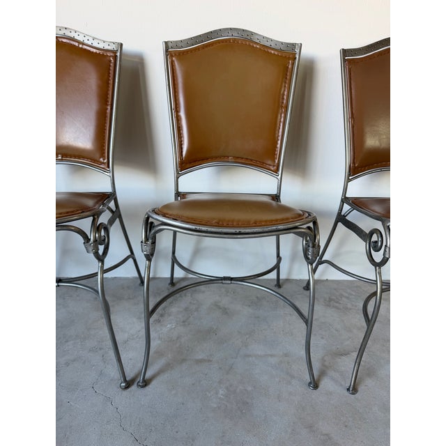 Spanish Revival Palma Brava Wrought Iron & Brown Leather Dining Chairs – Set of 4 For Sale - Image 3 of 13