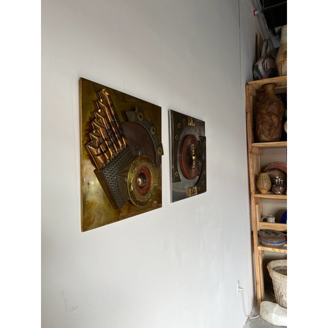 Amazing pair of Vintage geometric abstract brutalist mixed-metal relief plaques or wall-mounted sculptures in the manner...