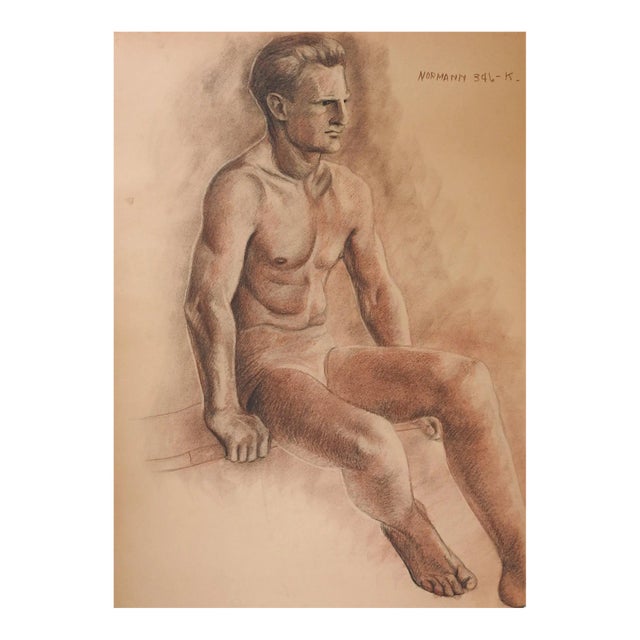 Vintage 1950s Charles Normann Male Sepia Charcoal Drawing For Sale