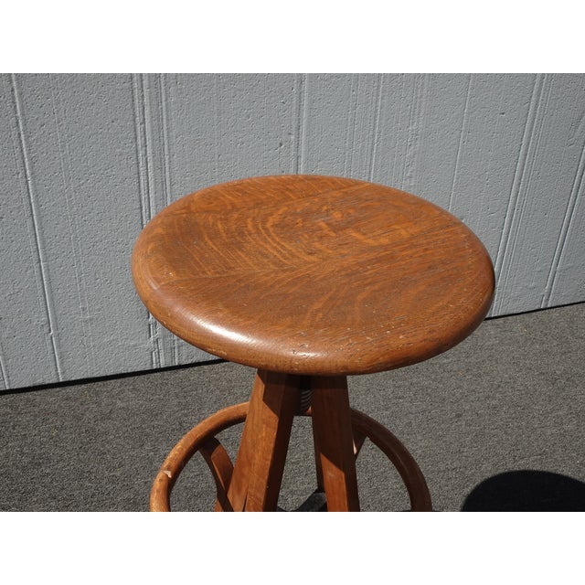 Antique Industrial Adjustable Swivel Oak Drafting Stool Barstool 1of3 ~ # 3 For Sale - Image 4 of 18