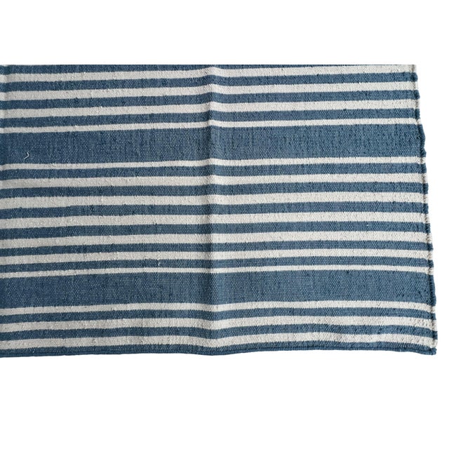 Handmade Thick Woolen Flat Weave Rug, Sky Blue and White Striped Wool Rug - 8'x8' For Sale - Image 6 of 14