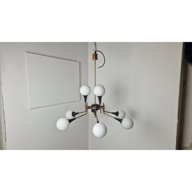 Mid-Century Modern Twelve-Light Brass Chandelier with Opaline Spheres from Stilnovo, 1950s For Sale - Image 3 of 16