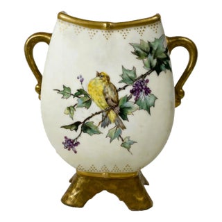 19th Century French Limoges Hand Painted Double Handled Porcelain Vase. For Sale