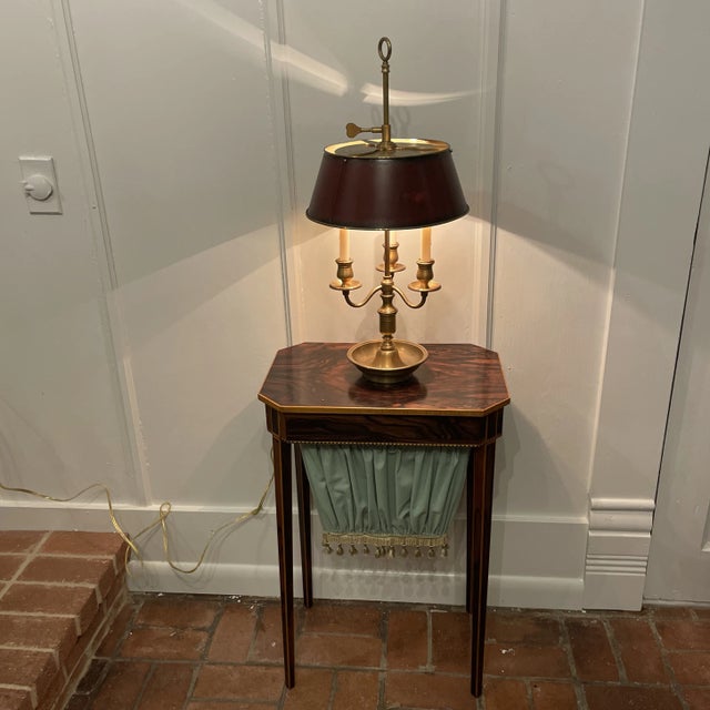 Classic French Bouillotte Lamp, brass with dished base, 3 arms for real wax taper candlesticks, with a red painted tile...