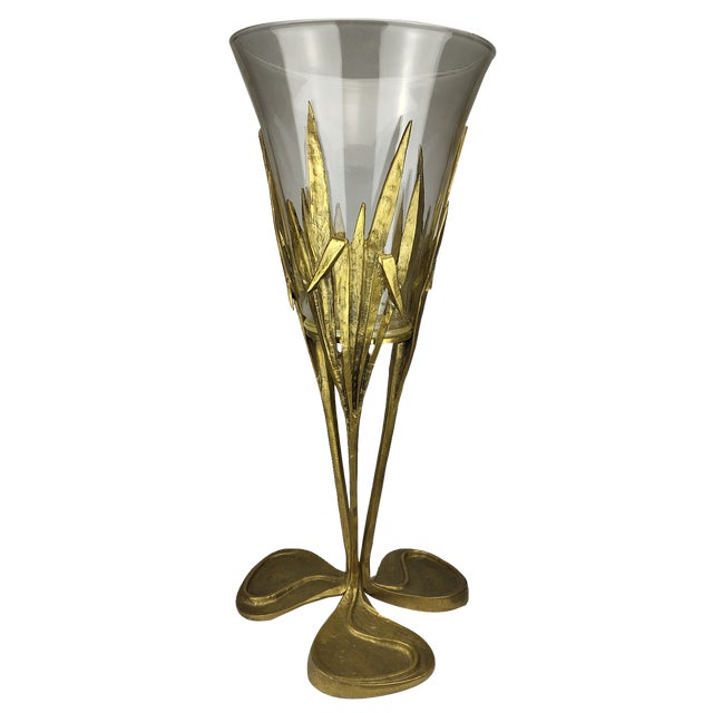 Large Art Nouveau Style Floor Vase in Brass and Glass, 1970 For Sale