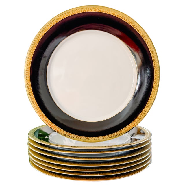 Vintage Royal Gallery Gold Buffet Dinner Plates With Black & 24k Gold Filigree - Set of 8 For Sale In San Diego - Image 6 of 6