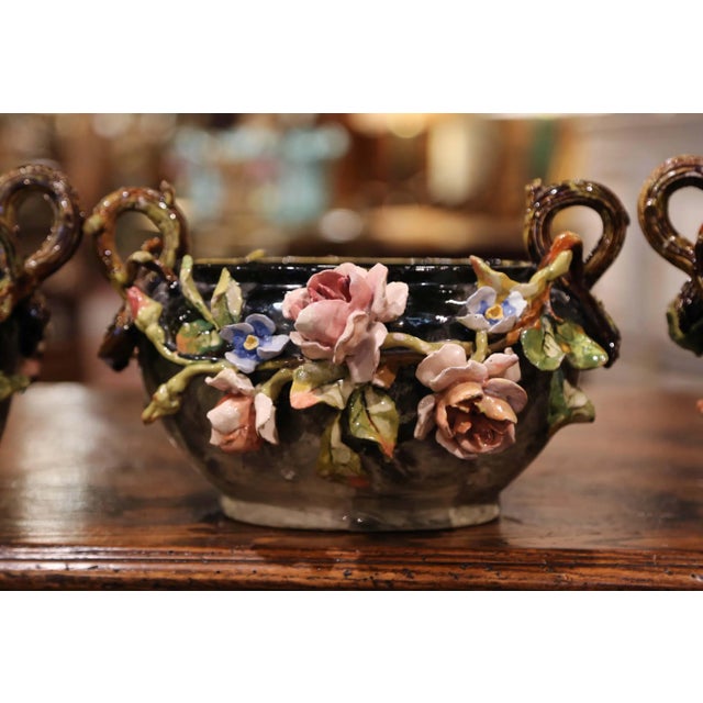 Pair of 19th Century Hand Painted Barbotine Ceramic Vases & Matching Cache-Pot For Sale In Dallas - Image 6 of 10