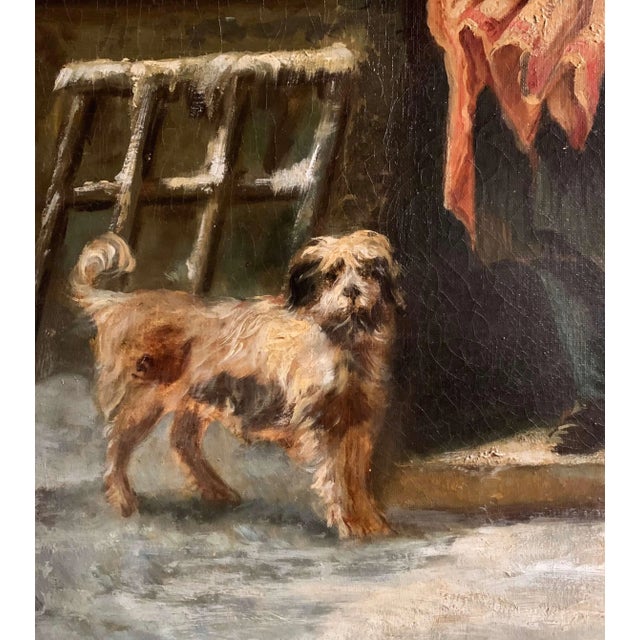 Mid 19th Century 19th Century French Genre Oil Painting of Family Winter Scene With Dog For Sale - Image 5 of 12