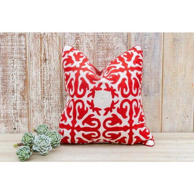 Vintage Red & White Moroccan Wool Embroidered Throw Pillow Cover For Sale - Image 9 of 10