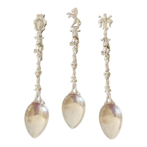 Early 20th Century Antique Italian Silver Tea Coffee Espresso Demitasse Spoons With Renaissance Design- Set of 3