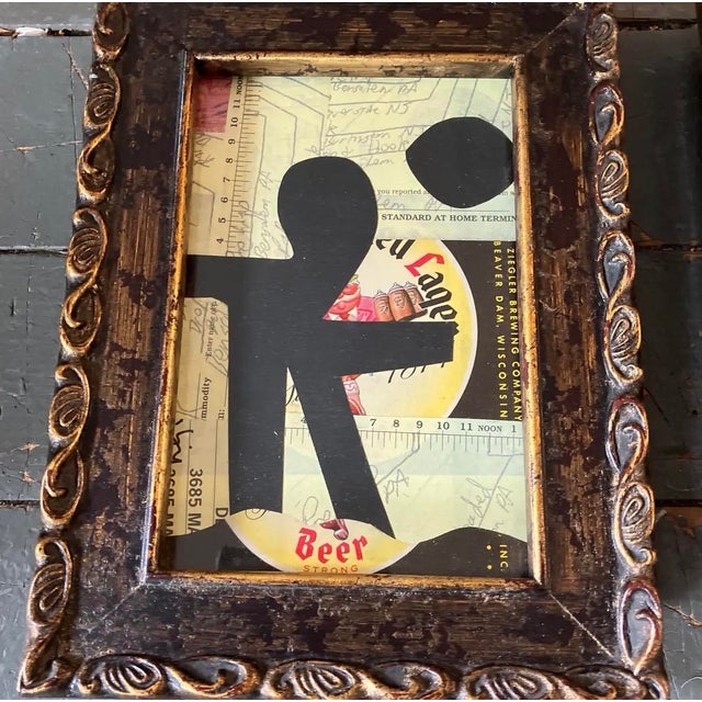 4x6 collages, a pair, done with vintage papers and signed. Frame is 6x8. Mild wearing on frame leg as shown in photo.