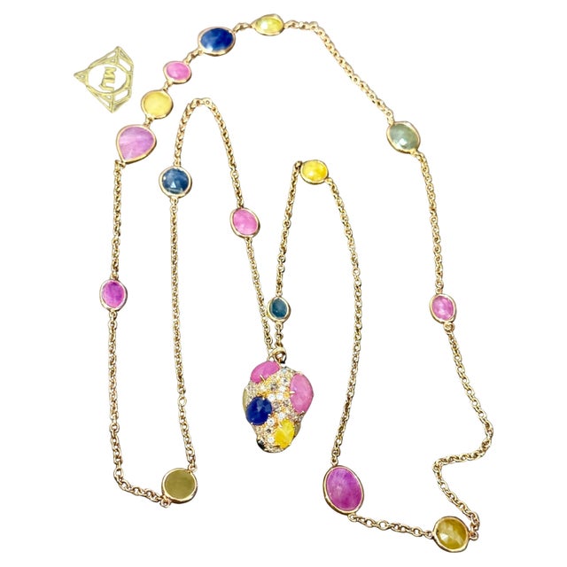 80 Ct Bezel-Set Multi-Sapphire Station Necklace & With diamonds 18kt Gold 35" L For Sale - Image 15 of 18