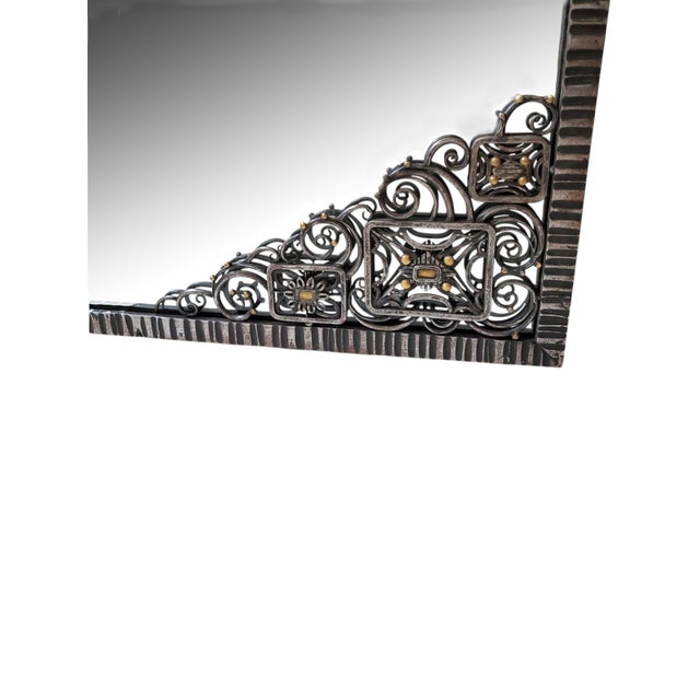 Magnificent Hand Hammered Iron & Brass Inlaid French Art Deco Mirror For Sale In New York - Image 6 of 17