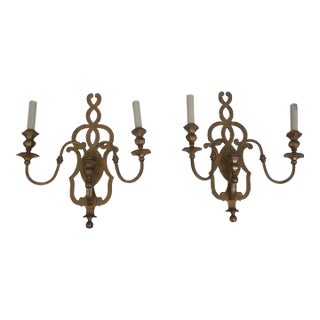 Pair Solid Brass Electrified Double Arm Wall Sconces For Sale