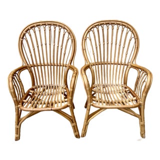 A Pair of Rattan Fan Back Lounge Chairs in the Franco Albini's Style. Circa 1980s For Sale