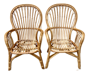 A Pair of Rattan Fan Back Lounge Chairs in the Franco Albini's Style. Circa 1980s