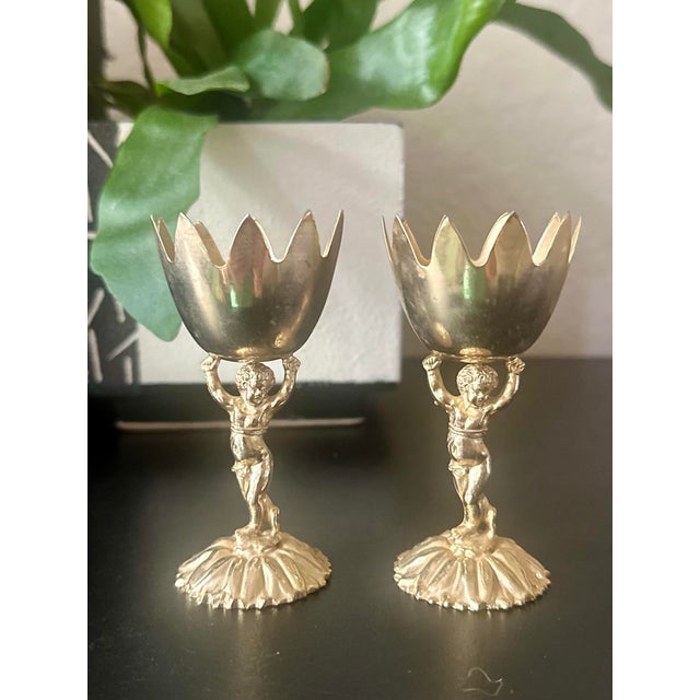 Renaissance Vintage Renaissance Style Cherub/ Putti Gold Plated Metal Candle Holders, Eggs Cups - A Pair For Sale - Image 3 of 12