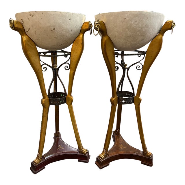 1970s Pair if Italian Gold Guild and Leather Lion Head Floor Planters For Sale