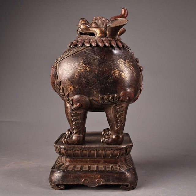 Asian Antique Bronze Guardian Lion Censer – 11.8" Foo Dog Incense Burner on Pedestal For Sale - Image 3 of 7