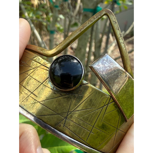 Vintage Hall McFall Sterling Silver Brass Black Onyx Modernist Cuff Bracelet For Sale - Image 12 of 14