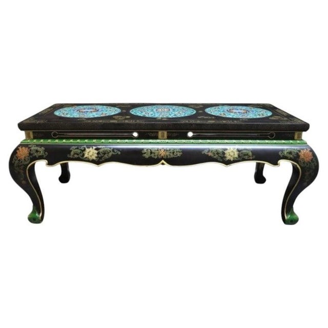 Vintage Chinese Ebonized, Polychromed & 3 Cloisonne Disk Coffee Table 20thC For Sale - Image 6 of 18